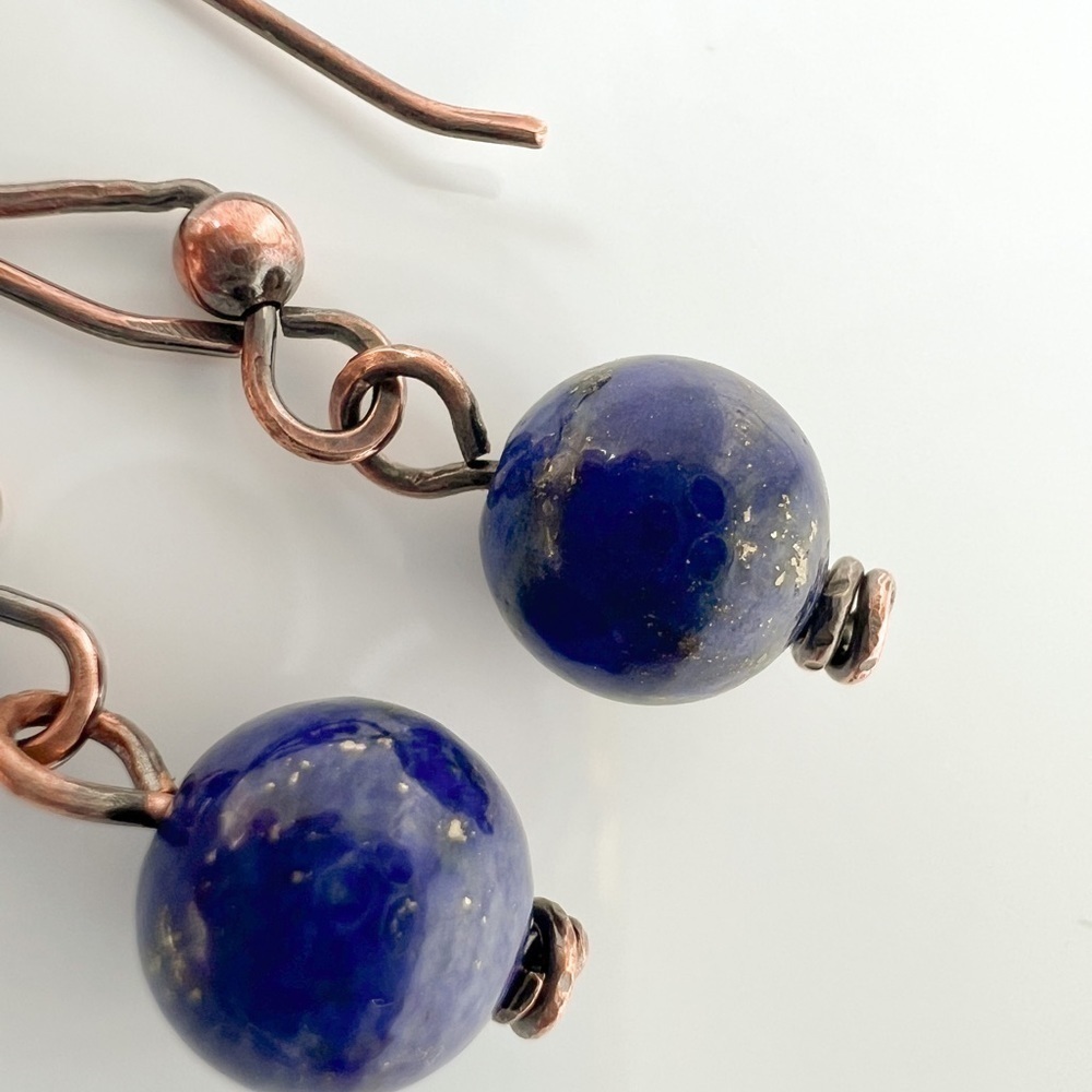 Blue Lapis Beaded Wire Wrap Copper Minimalist Earrings - Picture 5 of 11